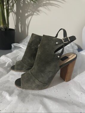 White House Black Market Olive Suede Peep-Toe Block Heel Sandals
